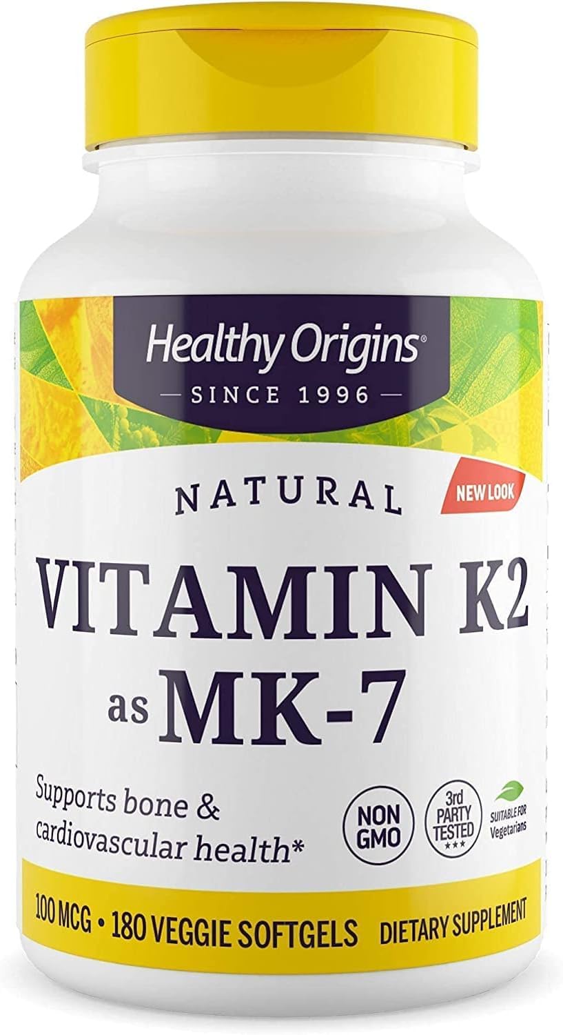 Healthy Origins Vitamin K2 MK-7 bottle front for easy calcium support and daily wellness