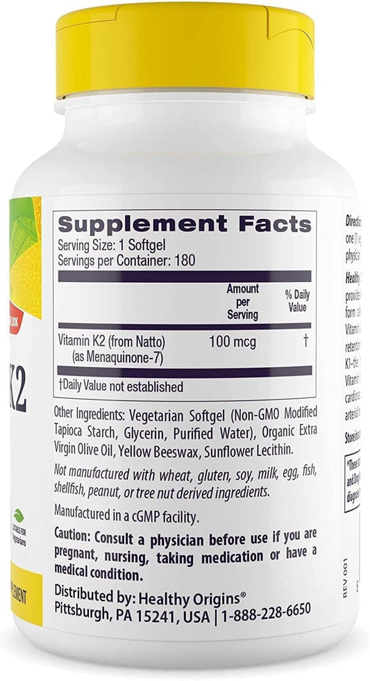 Healthy Origins Vitamin K2 MK-7 bottle side highlights compact veggie gel form for everyday use