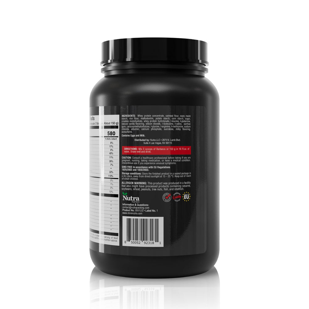 Barbarus ingredients panel showing creatine and amino acids