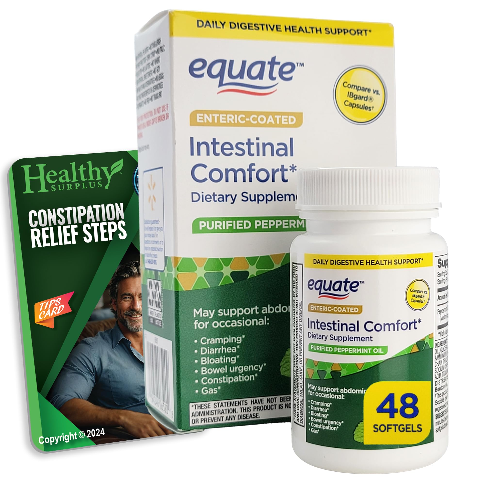 Healthy Surplus Equate Peppermint Softgels 48-count bottle ready for daily digestive support.