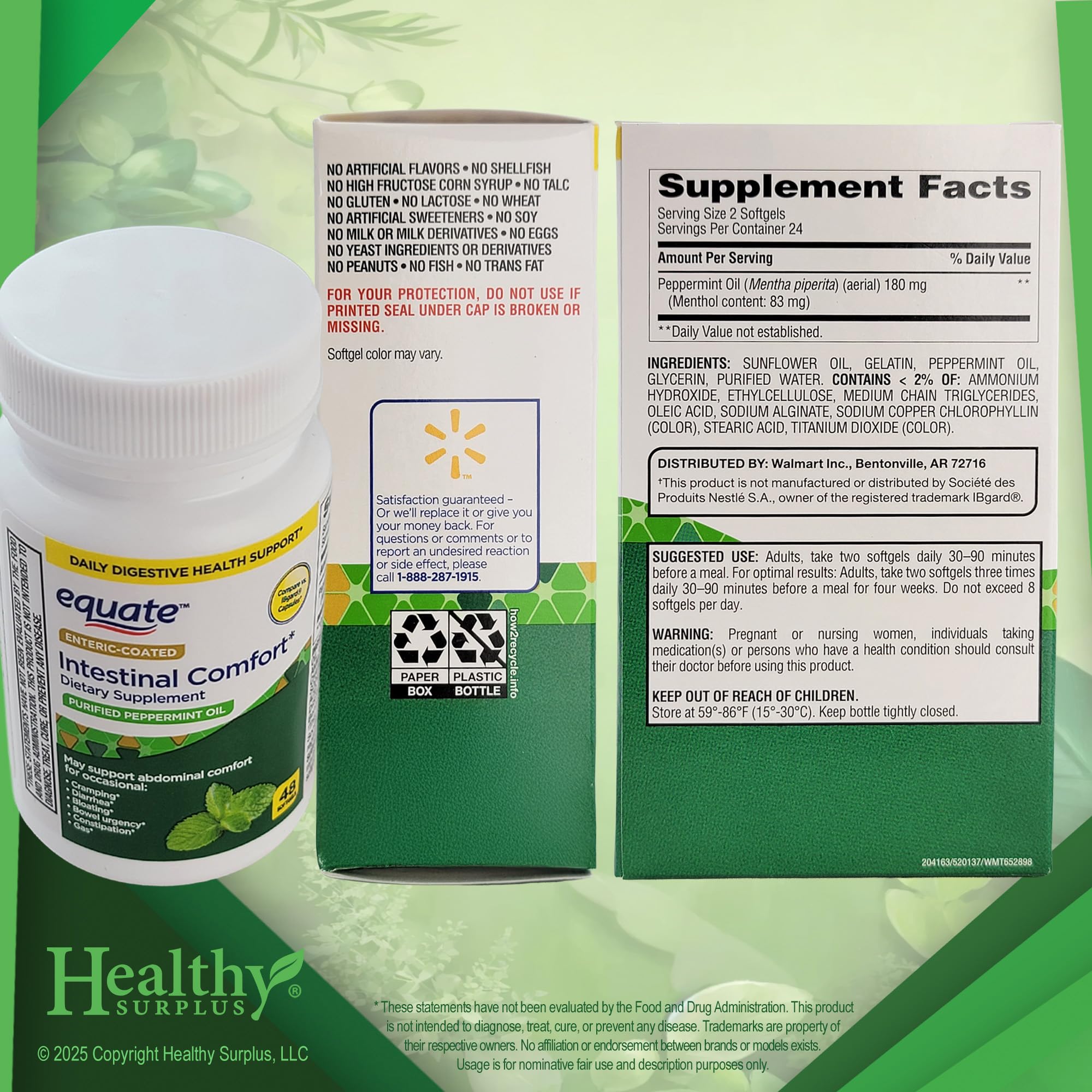 Healthy Surplus Equate Peppermint Softgels packaging front for easy recognition and trust.