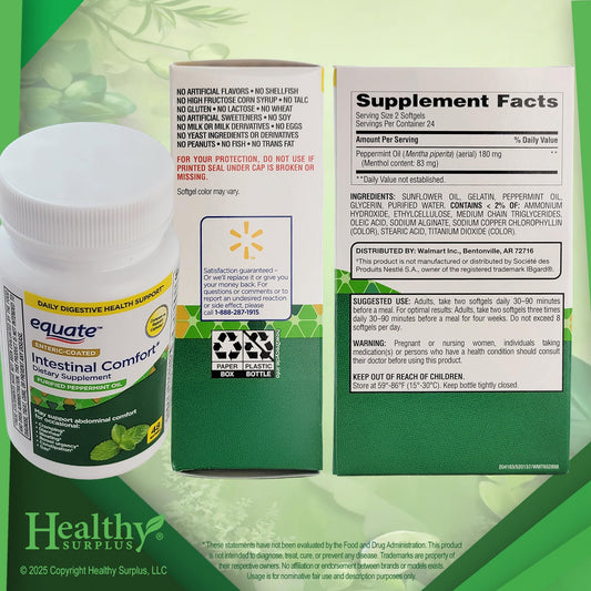 Healthy Surplus Equate Peppermint Softgels packaging front for easy recognition and trust.