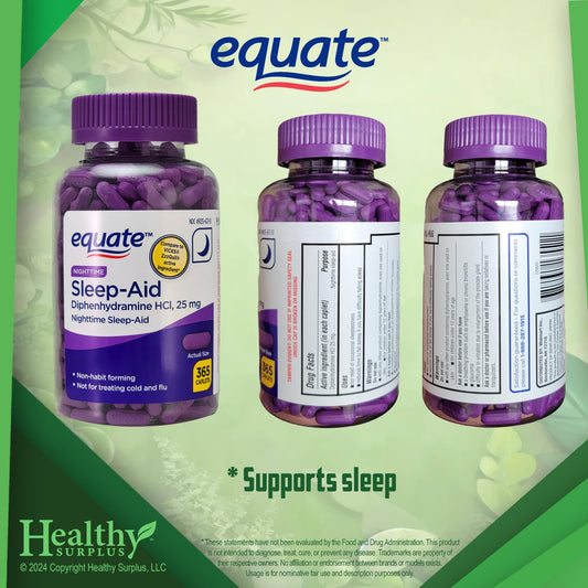 Healthy Surplus Equate Sleep-Aid caplets pack view supporting consistent sleep routines.