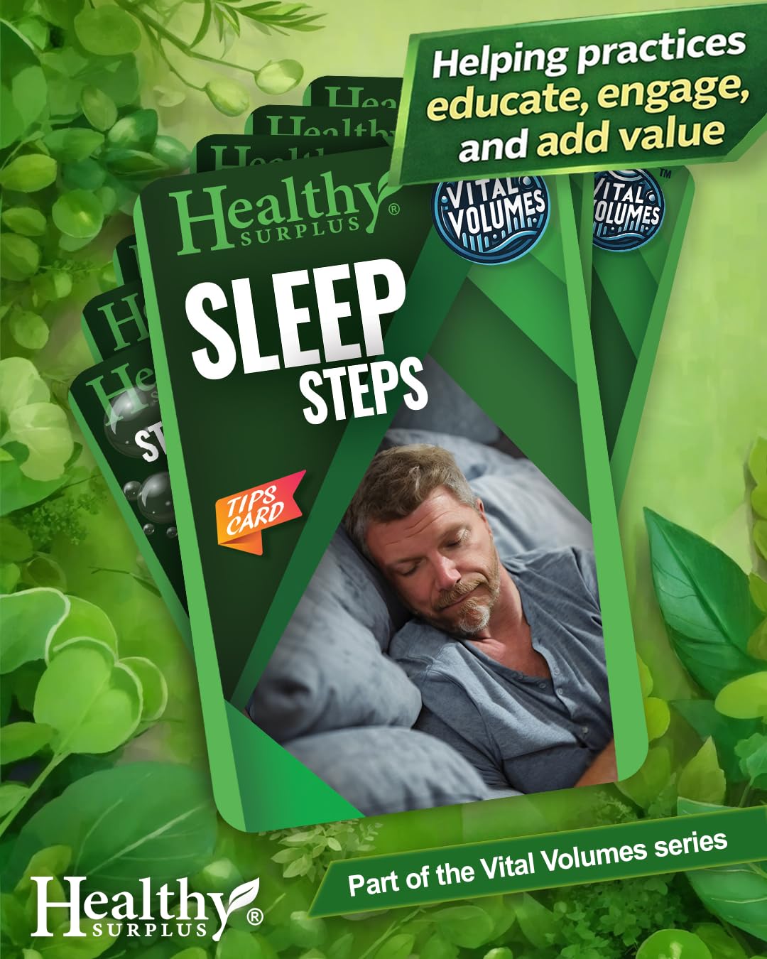 Healthy Surplus Vital Volumes Sleep Steps Card cover with actionable bedtime tips.