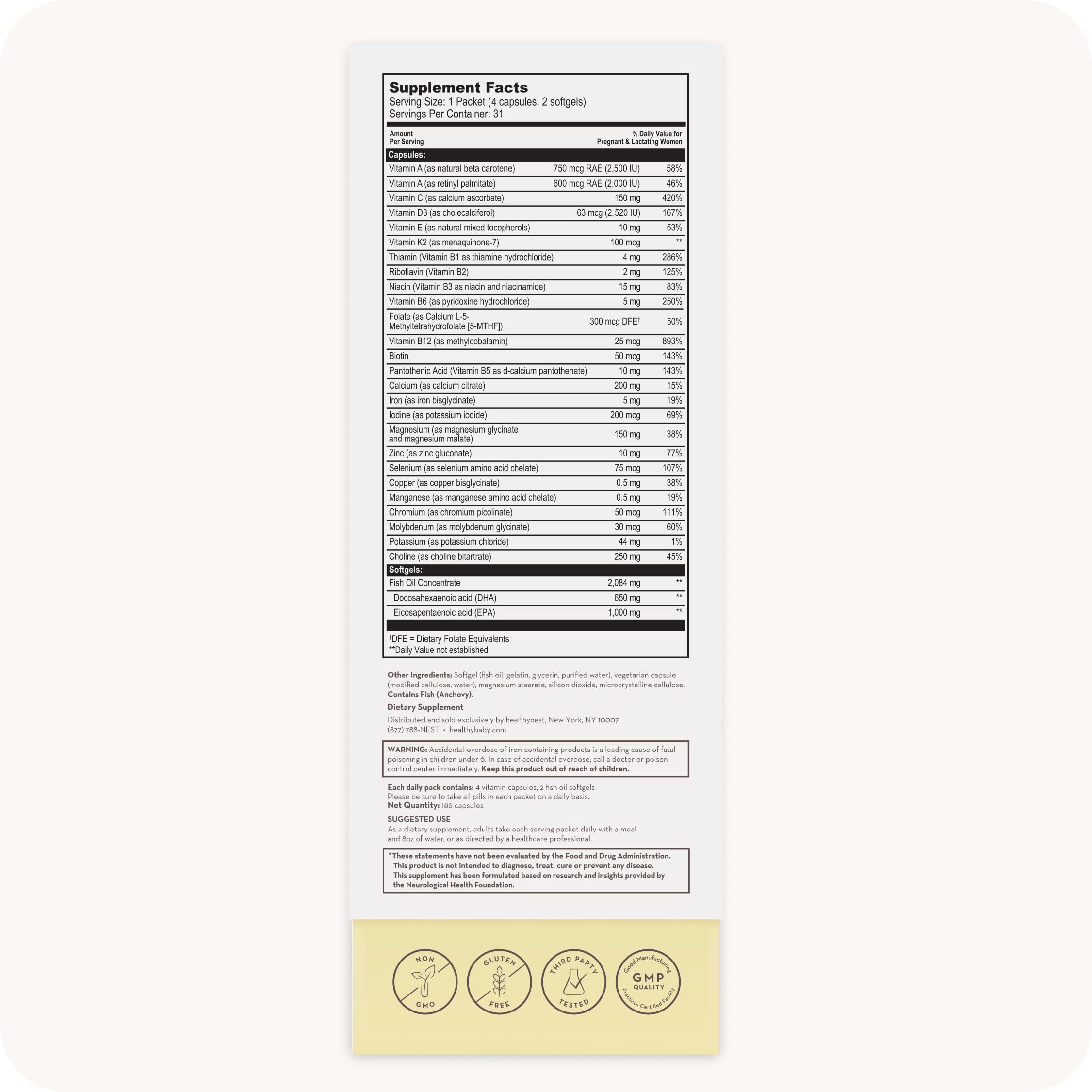 HealthyNest daily pack for convenient on the go prenatal nutrition