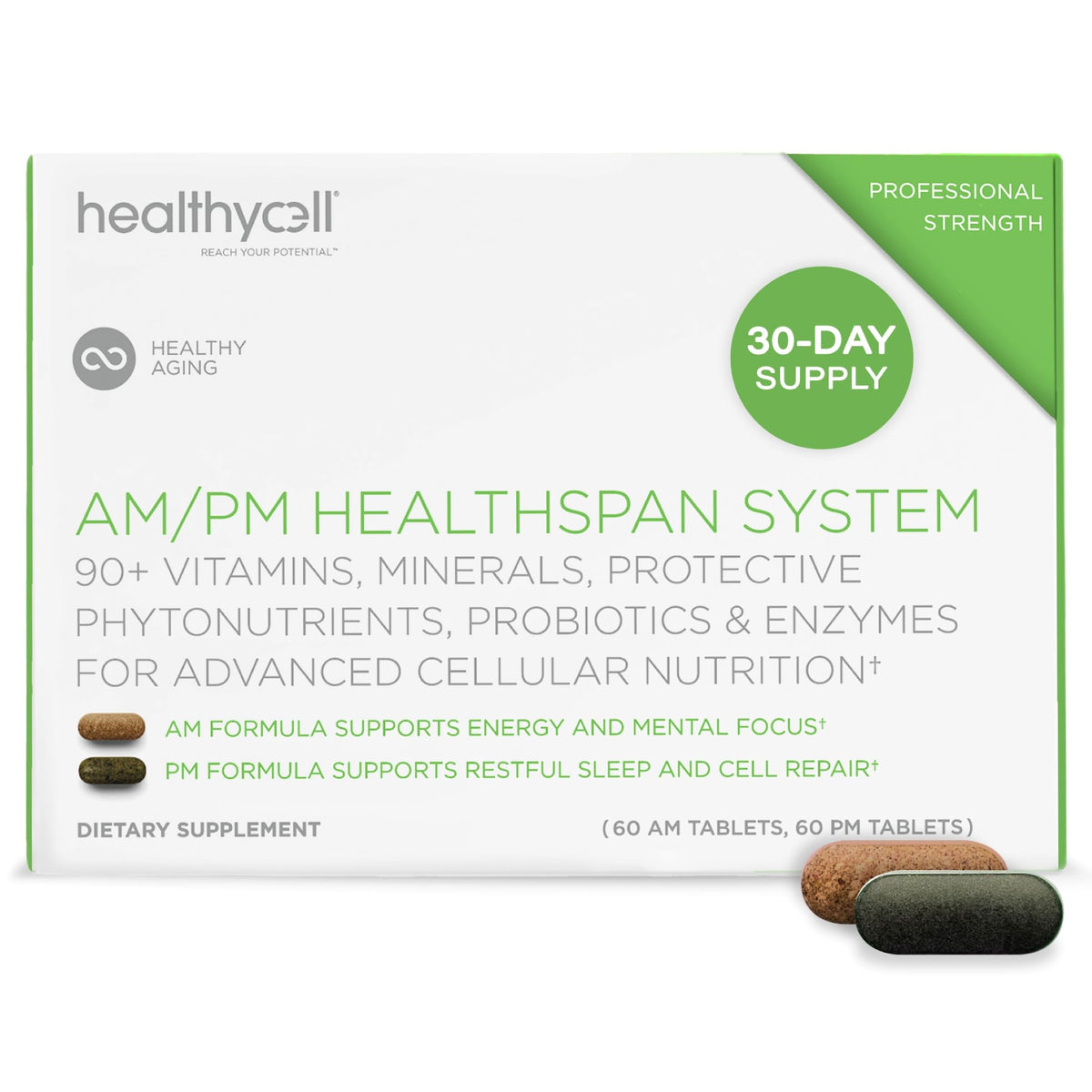 HealthyCell AM/PM Healthspan System bottle for daily balanced nutrition and cellular support.