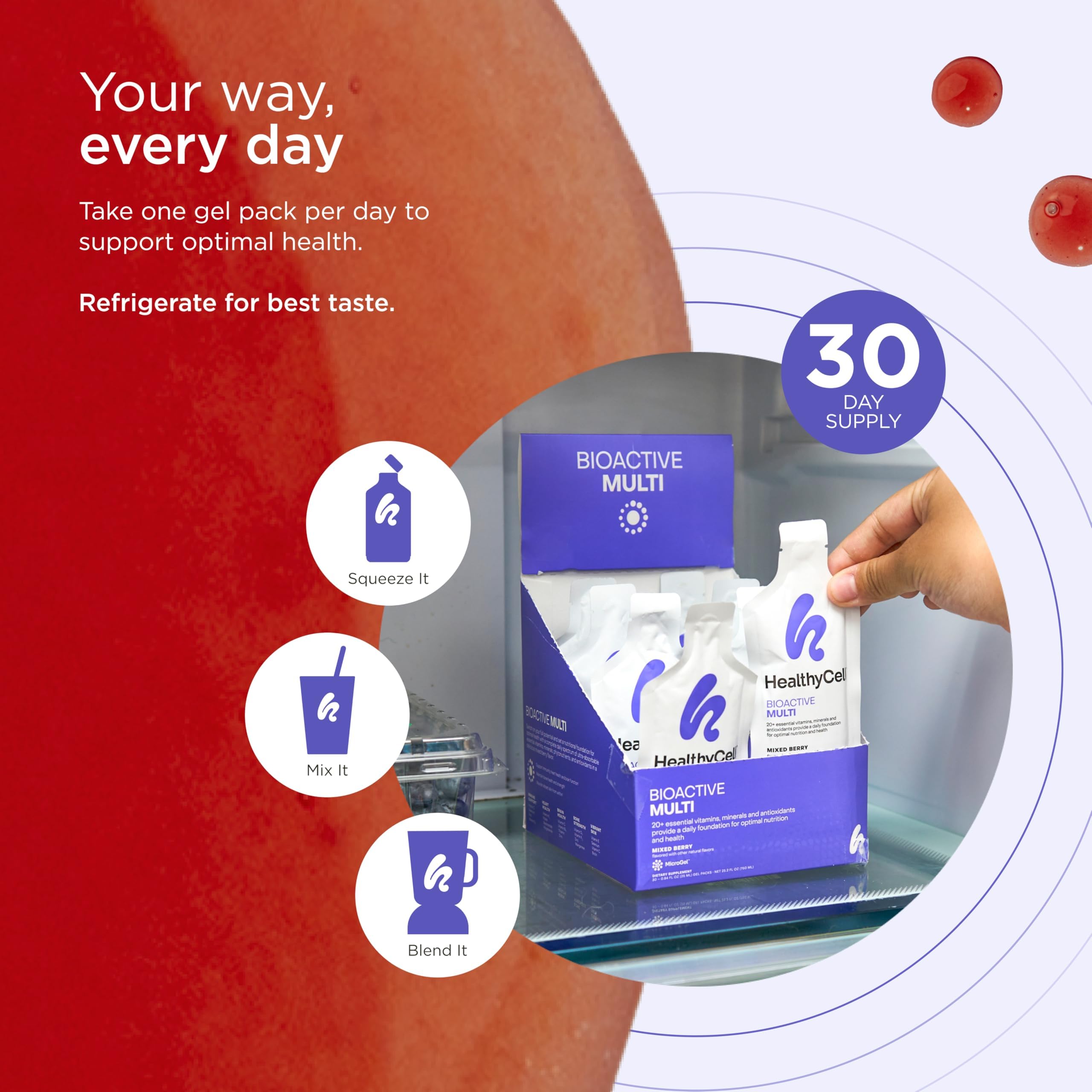 HealthyCell Bioactive Daily Liquid Multivitamin berry flavor gel pack delivering tasty daily support.