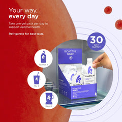 HealthyCell Bioactive Daily Liquid Multivitamin berry flavor gel pack delivering tasty daily support.