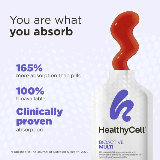 HealthyCell Bioactive Daily Liquid Multivitamin gel pack closeup highlighting easy on-the-go nutrition.