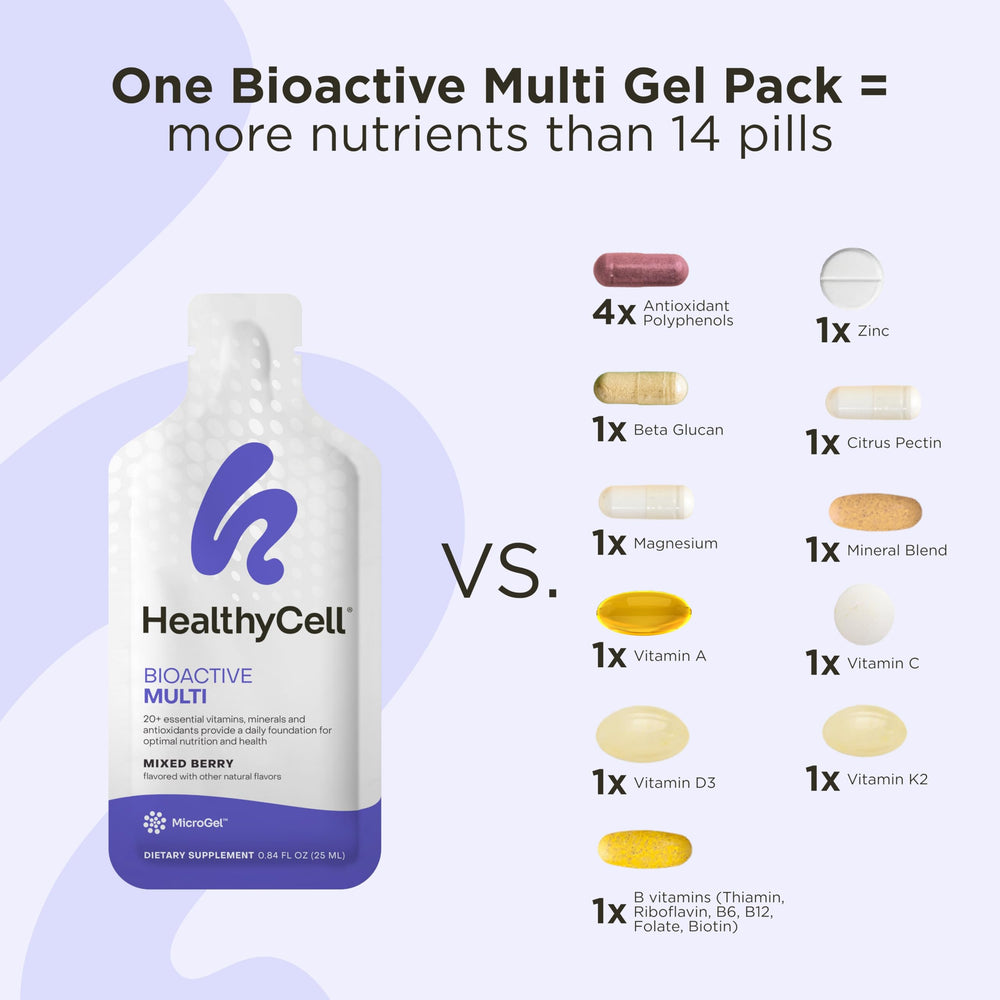 HealthyCell Bioactive Daily Liquid Multivitamin on-the-go pack ready for travel and busy days.