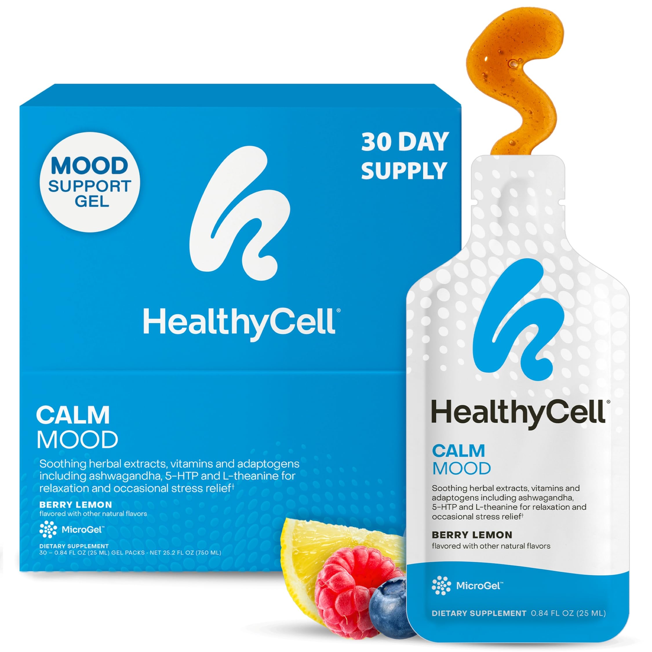 Healthycell Calm Mood MicroGel pack for daily stress support.