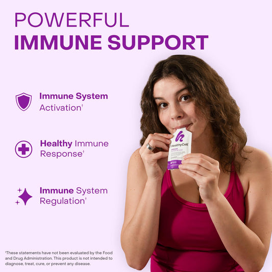 HealthyCell Immune Super Boost gel pack closeup showing blackberry flavor
