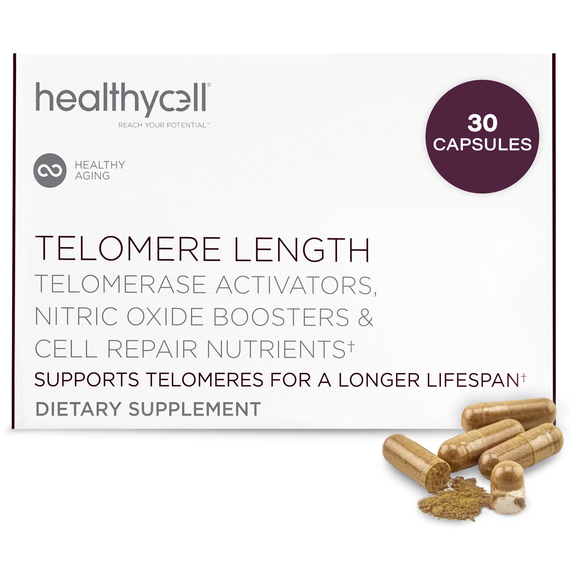 Healthycell Telomere Length Supplement bottle on a shelf, suggesting convenient daily use.