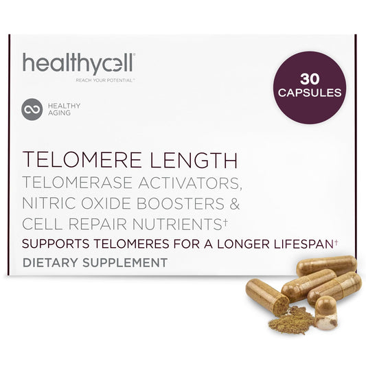 Healthycell Telomere Length Supplement bottle on a shelf, suggesting convenient daily use.