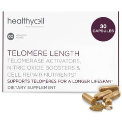 Healthycell Telomere Length Supplement bottle on a shelf, suggesting convenient daily use.