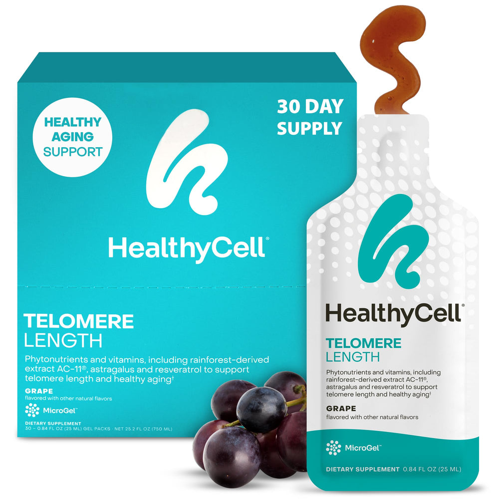 HealthyCell telomere-length supplement packaging for daily cellular health.
