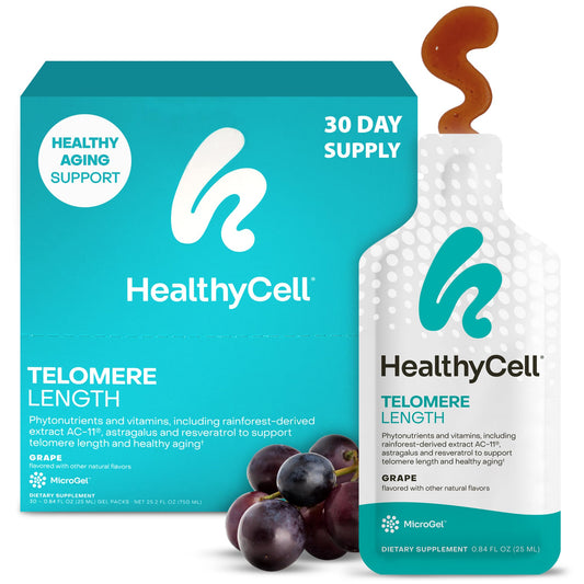 HealthyCell telomere-length supplement packaging for daily cellular health.
