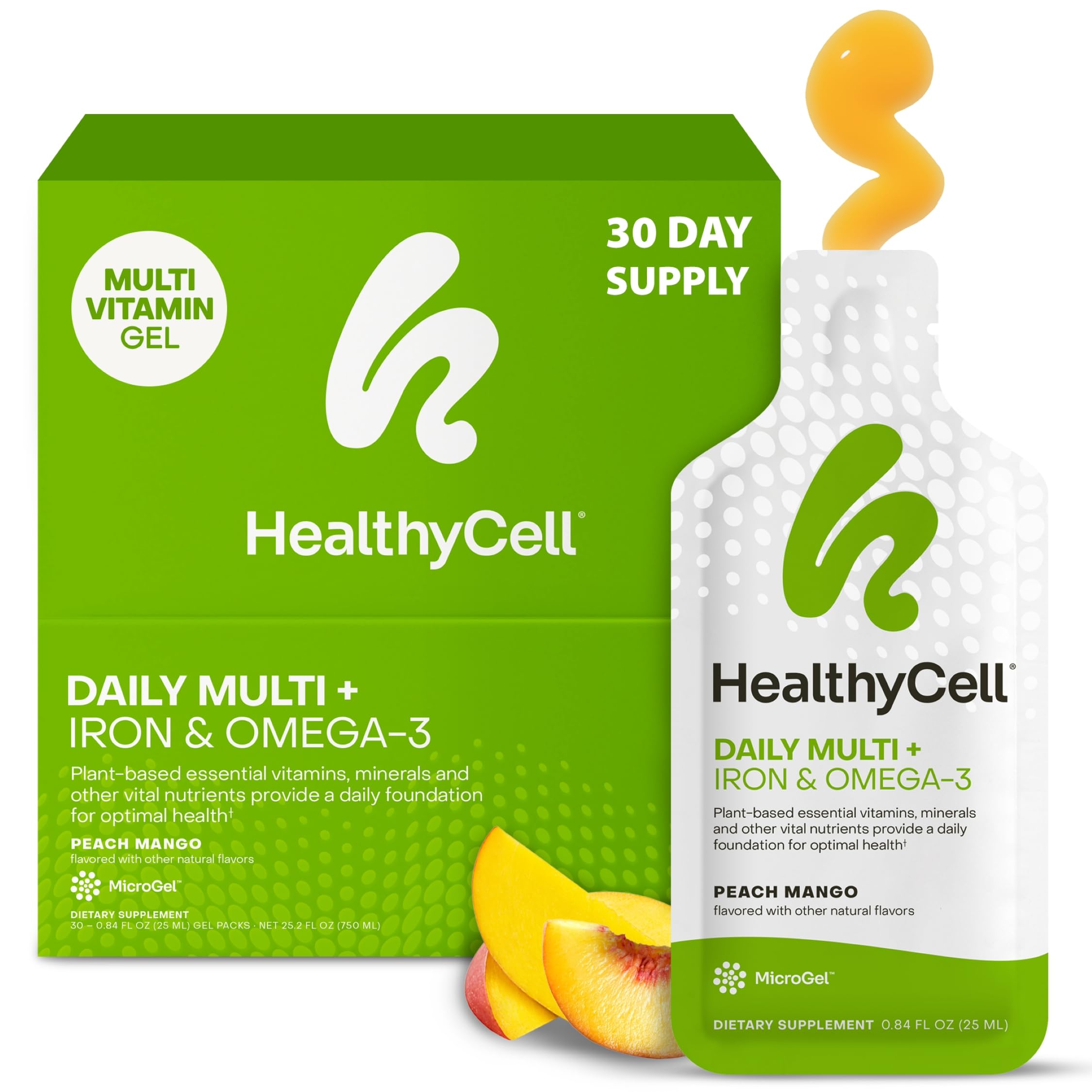 HealthyCell vegan daily multivitamin liquid gel pack delivering essential nutrients and energy support.