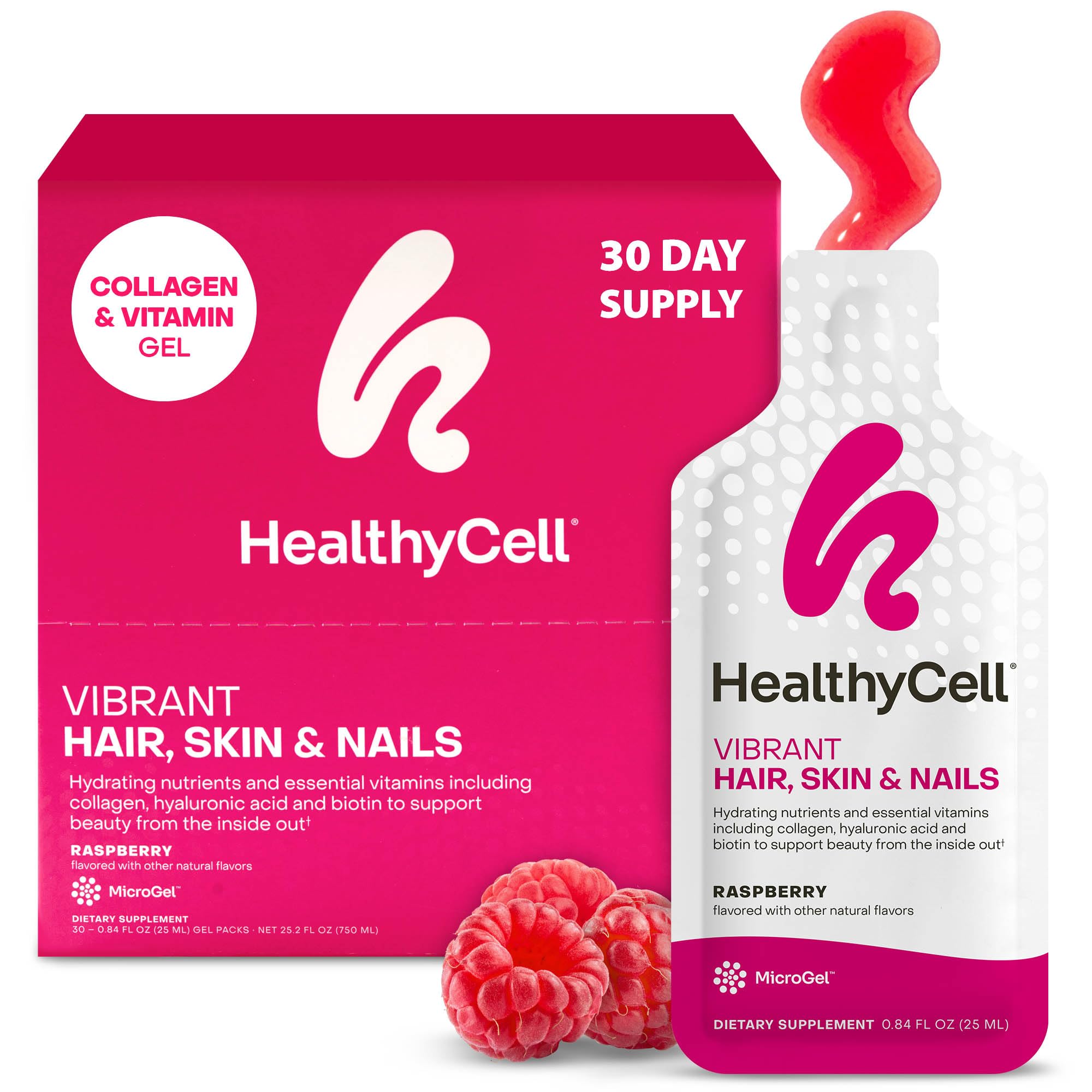 HealthyCell Vibrant daily liquid bottle for hydration of hair skin and nails.
