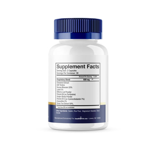 HealthyVita Brain Defender capsules close-up highlighting an easy-to-take nootropic formula.