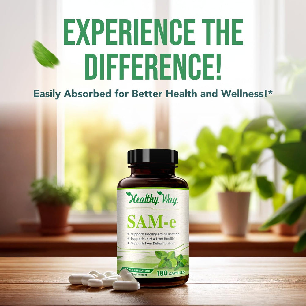 Glass of water beside HealthyWayRx SAM-e for daily use.