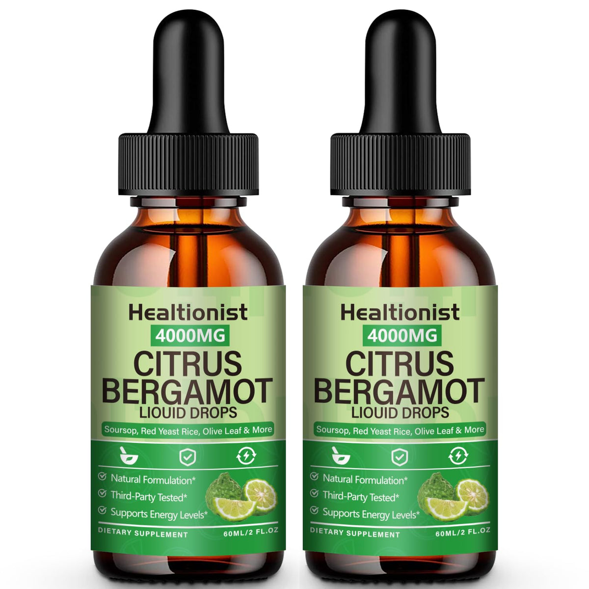 Healtionist 2-pack citrus bergamot liquid drops bottle front view supports daily cholesterol balance