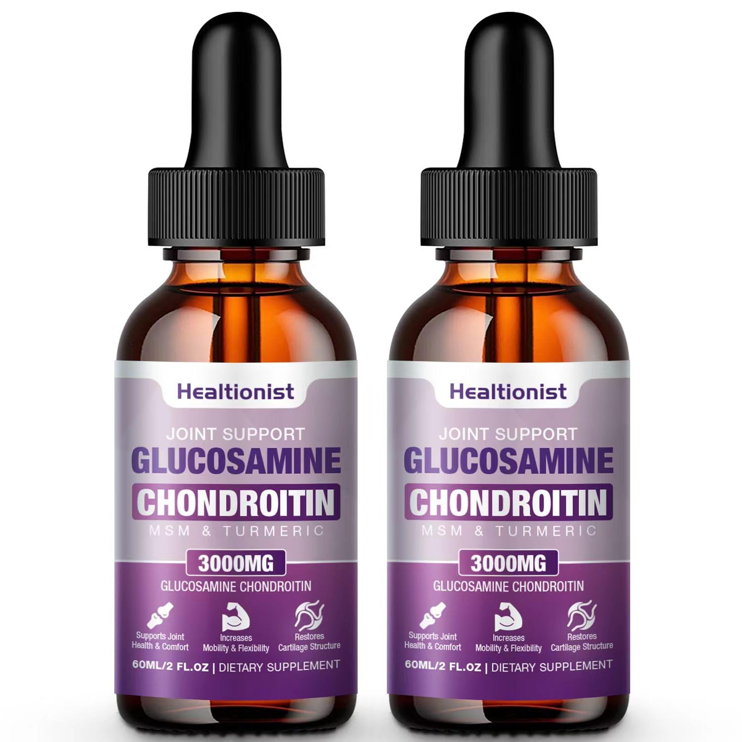 Healtionist two-pack glucosamine chondroitin MSM liquid drops bottle front for daily joint support