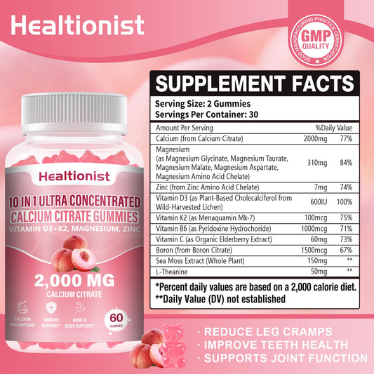 Healtionist calcium citrate gummies peach flavor on desk for easy daily intake.