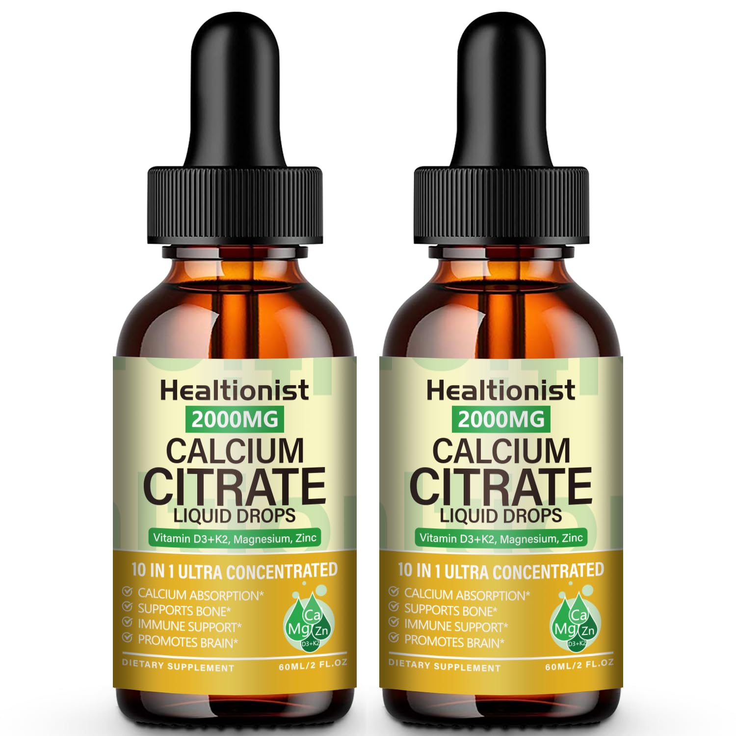 Healtionist calcium citrate liquid drops bottle on counter supporting daily bone health