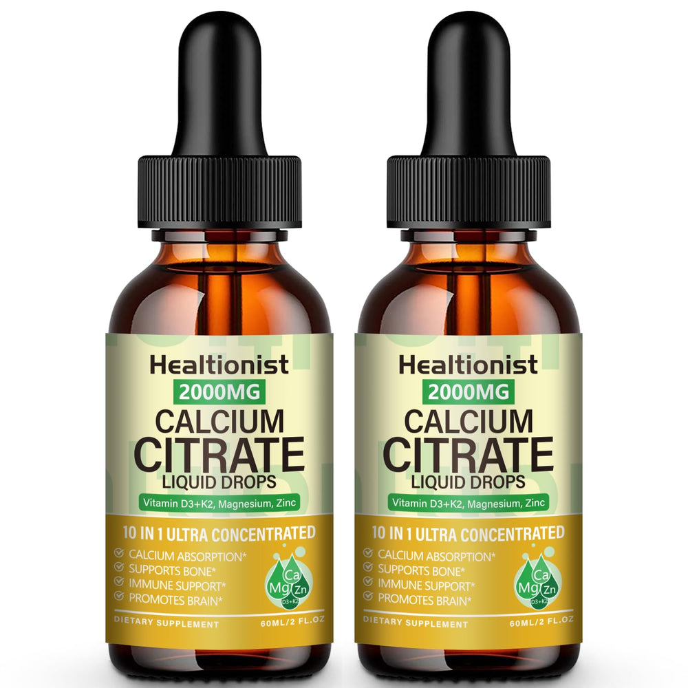 Healtionist calcium citrate liquid drops bottle on counter supporting daily bone health