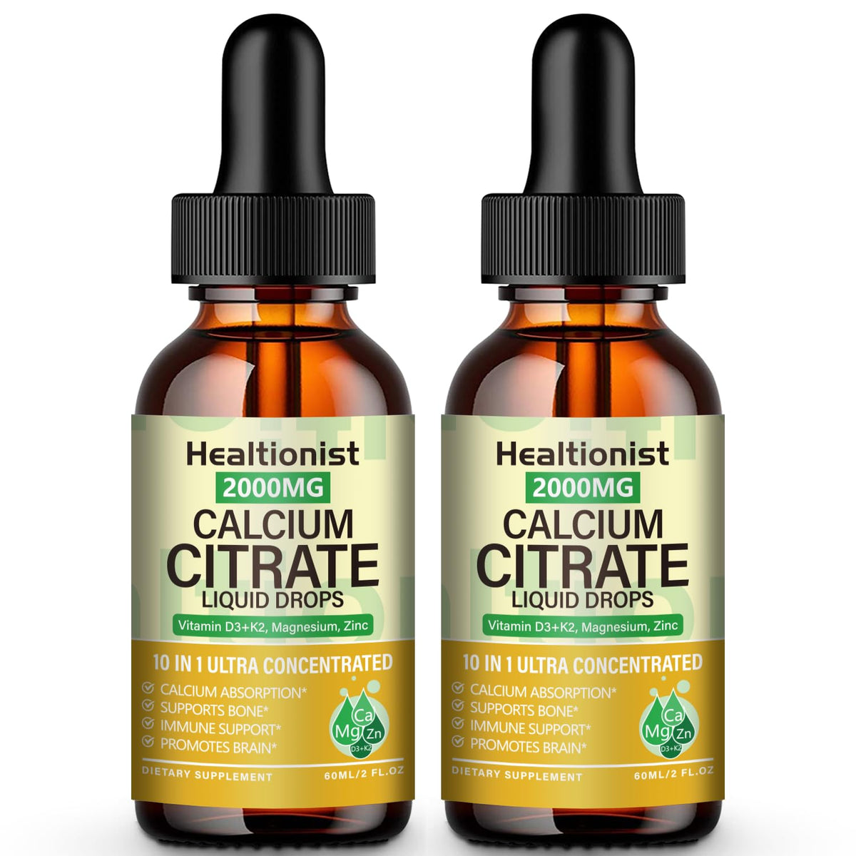 Healtionist calcium citrate liquid drops bottle on counter supporting daily bone health