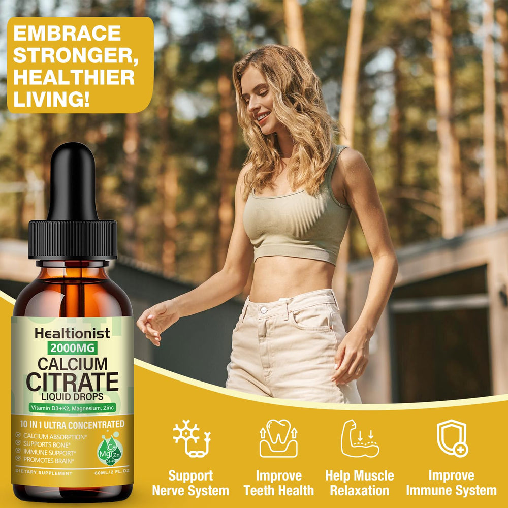 Healtionist calcium citrate liquid drops ingredients layout highlighting D3 K2 magnesium zinc
