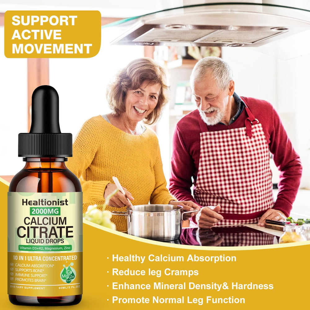 Healtionist calcium citrate liquid drops label close-up with supplement details