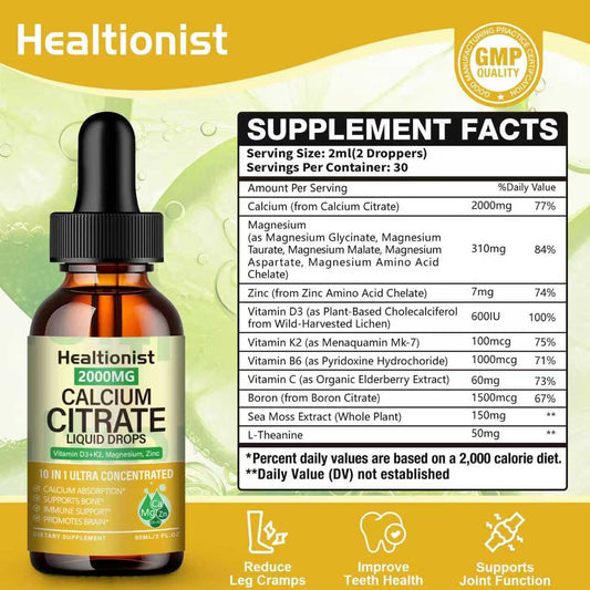 Healtionist calcium citrate liquid drops pour action showing easy dosing