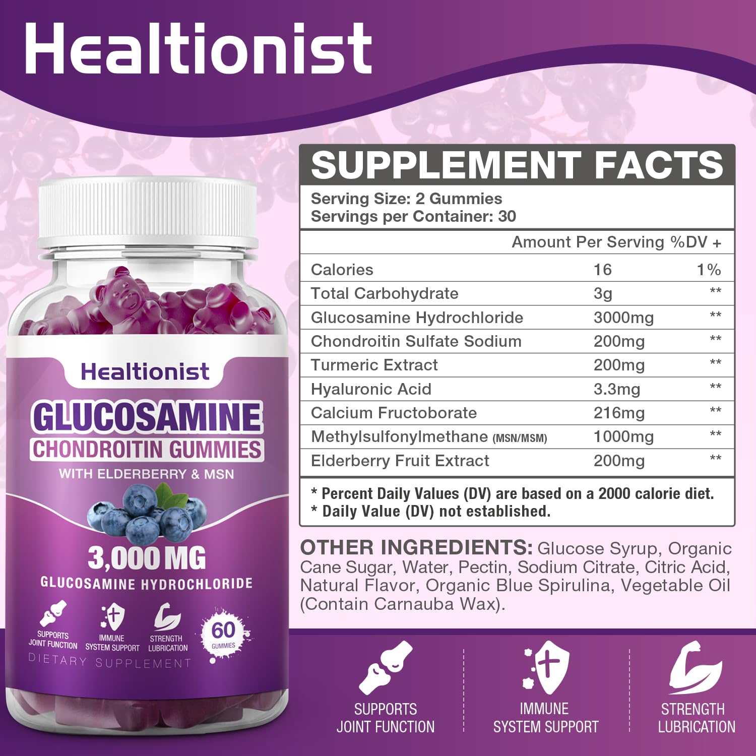 Healtionist glucosamine chondroitin gummies close up highlighting potency