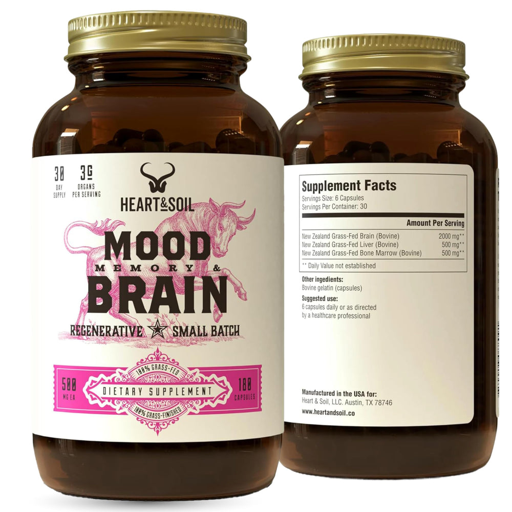 Heart & Soil beef brain supplement bottle showing daily focus support