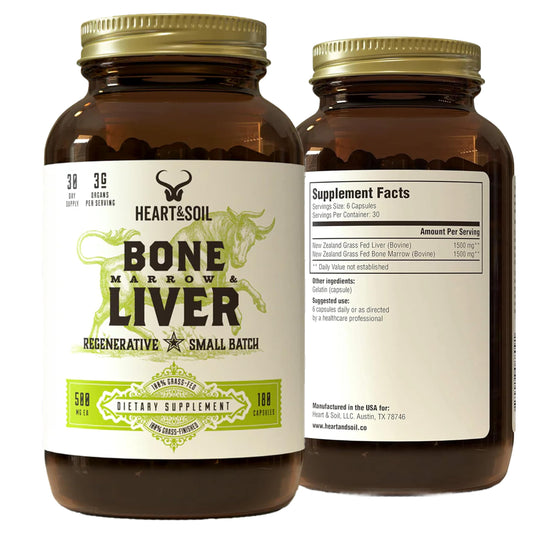Heart & Soil bottle front view for daily grass-fed liver and bone support.