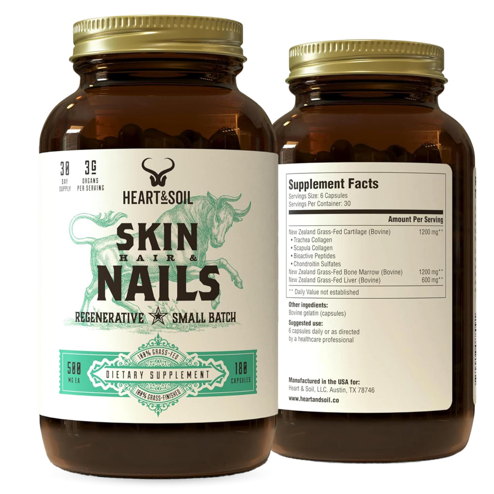 Heart & Soil bottle front view showing 180 capsules for daily skin, hair and nails support