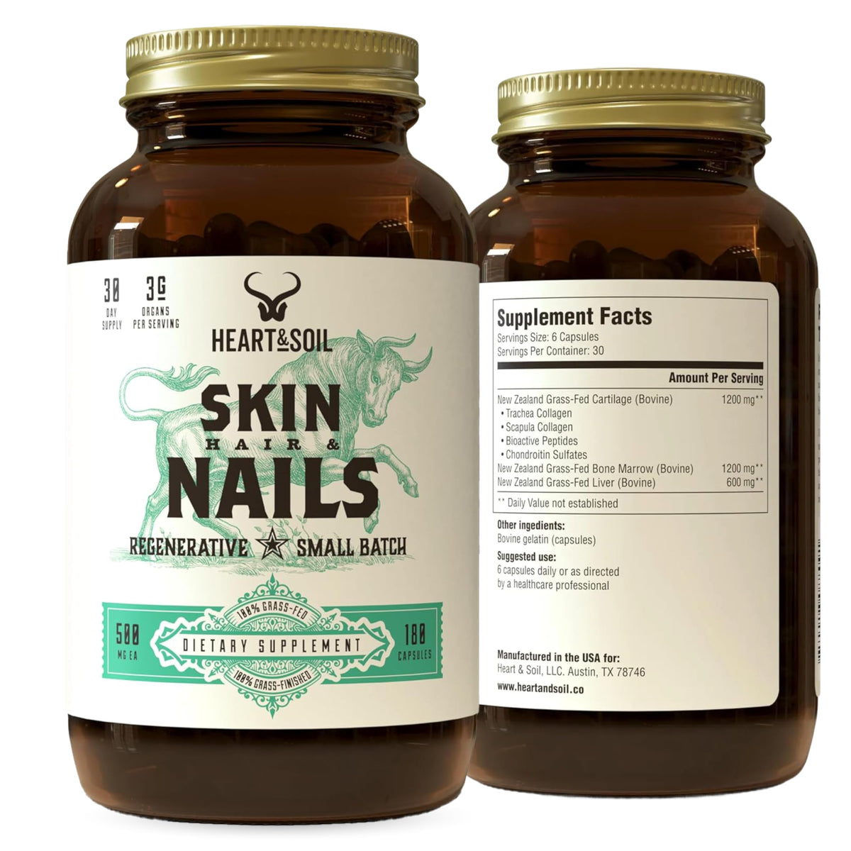 Heart & Soil bottle front view showing 180 capsules for daily skin, hair and nails support