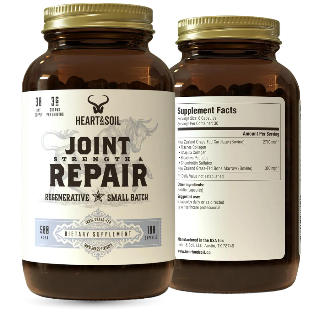 Heart & Soil bottle showing joint support capsules for mobility benefits