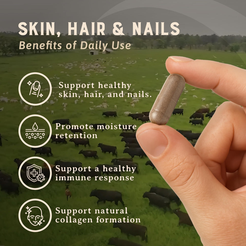 Heart & Soil capsules closeup emphasizing cartilage, liver, and bone marrow nutrients