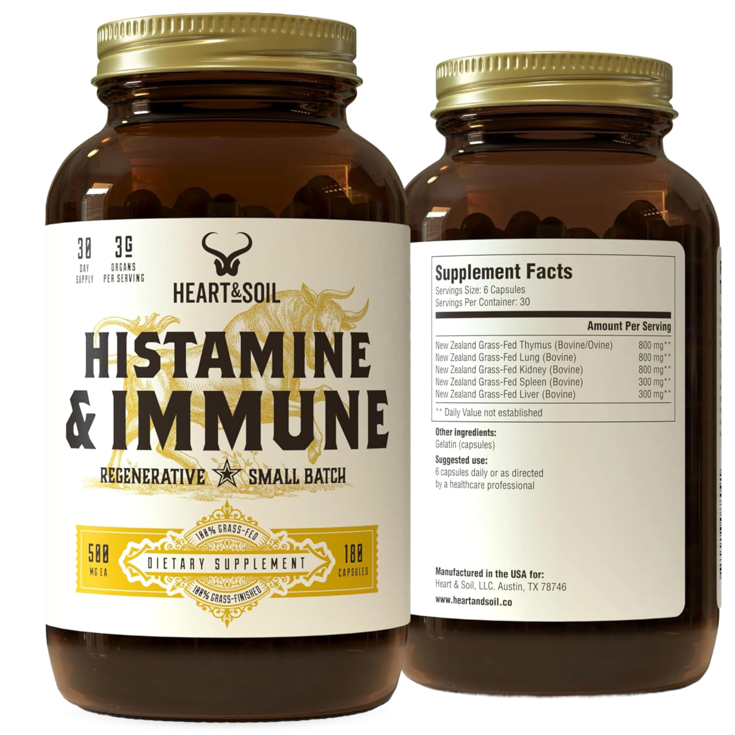 HEART & SOIL histamine-immune supplement bottle with easy-to-swallow capsules for daily support.