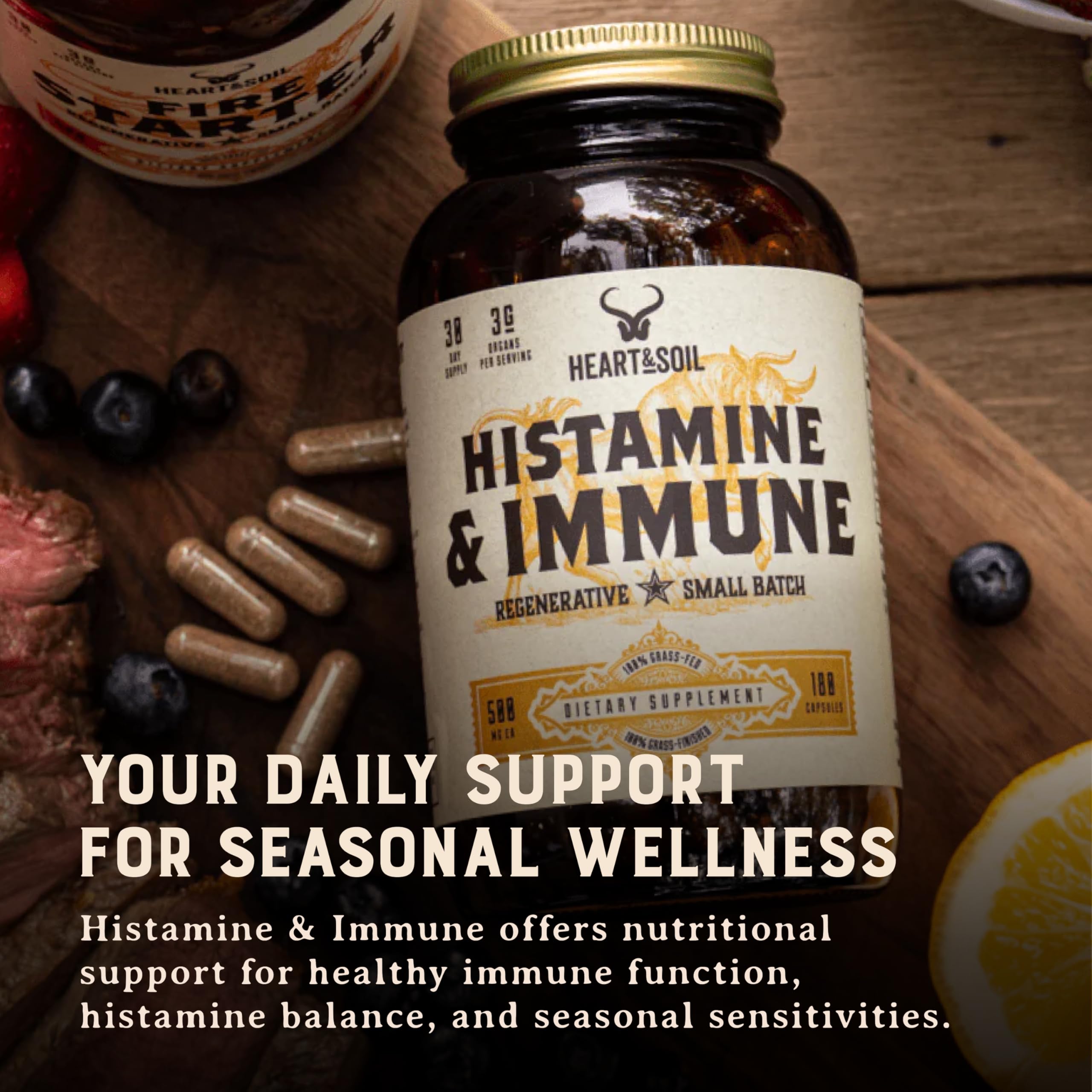 HEART & SOIL allergen-free, non-GMO label on capsules emphasizes a clean formulation.