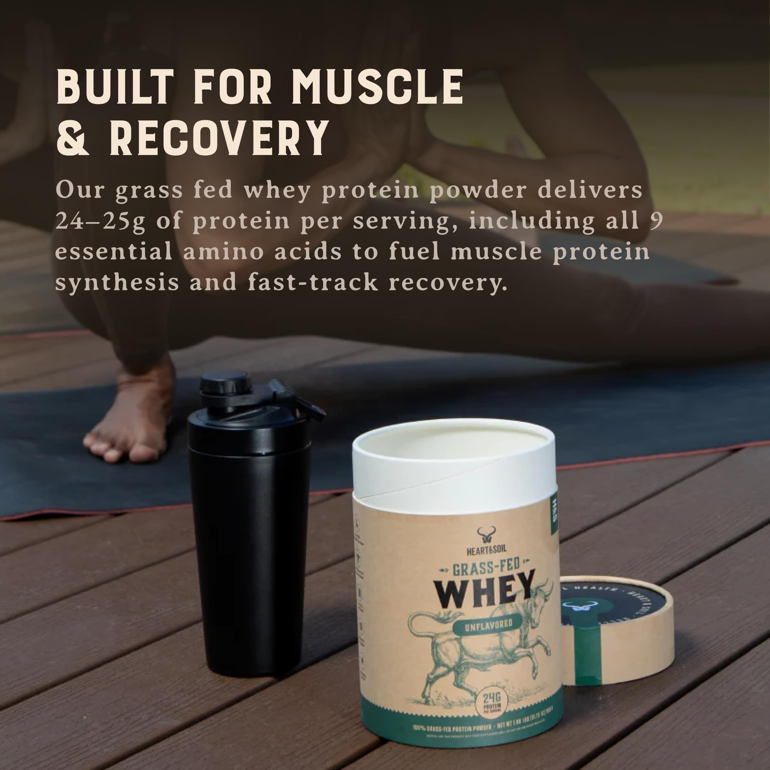 Unflavored Heart & Soil whey powder blends smoothly with beverages.