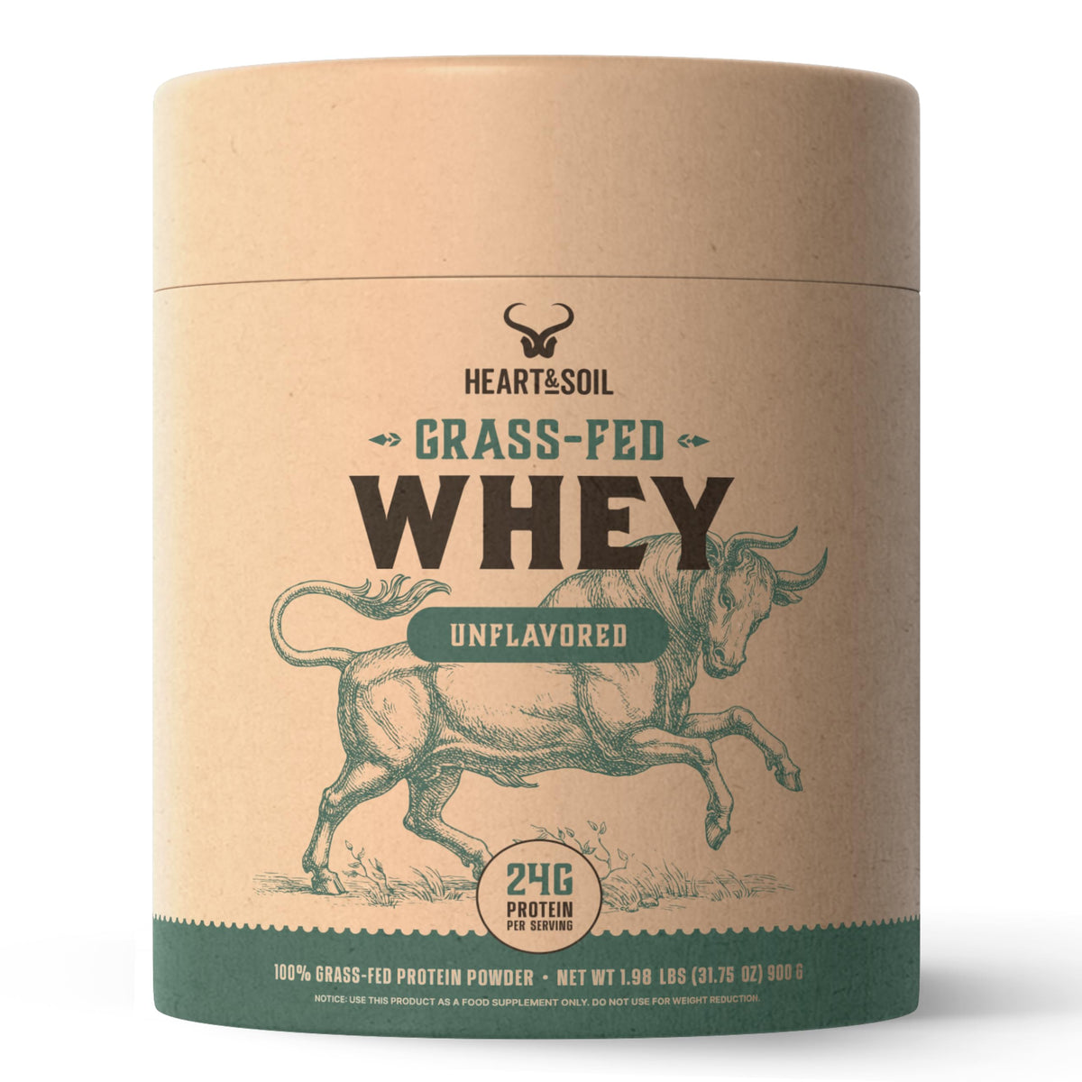 Heart & Soil whey concentrate bag front, premium grass-fed protein source.