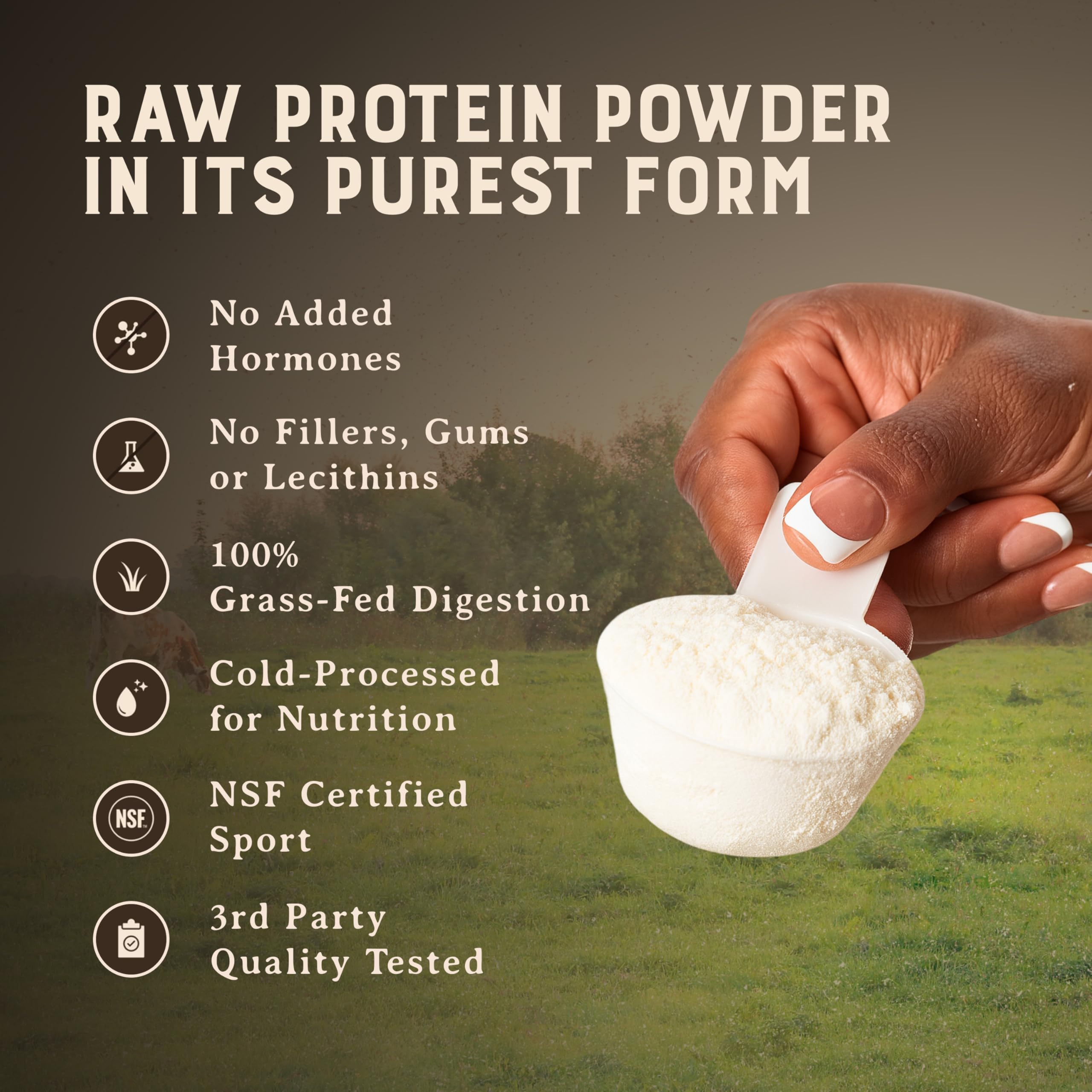 Single-ingredient whey protein panel, Heart & Soil branding.