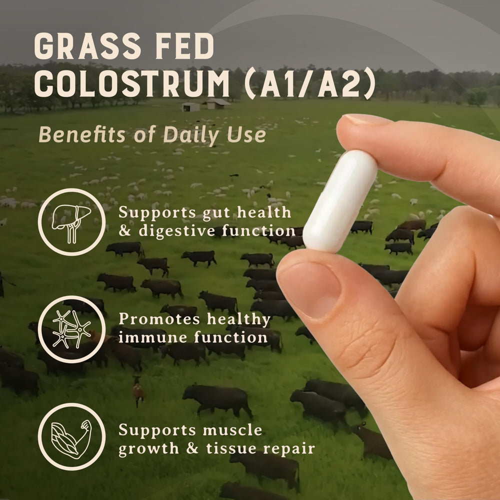 Heart & Soil bottle close-up label shows non-GMO, allergen-free formula.