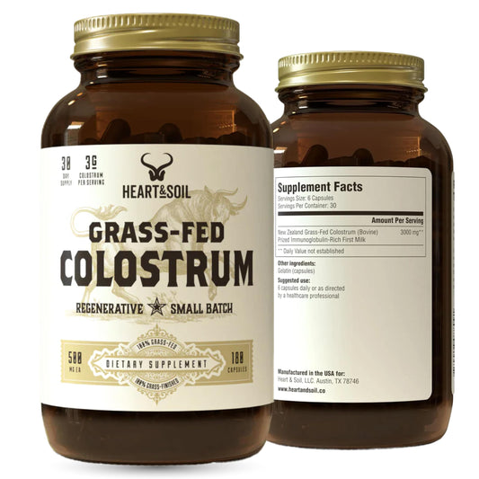 Heart & Soil colostrum capsules bottle aids gut balance and immune support.