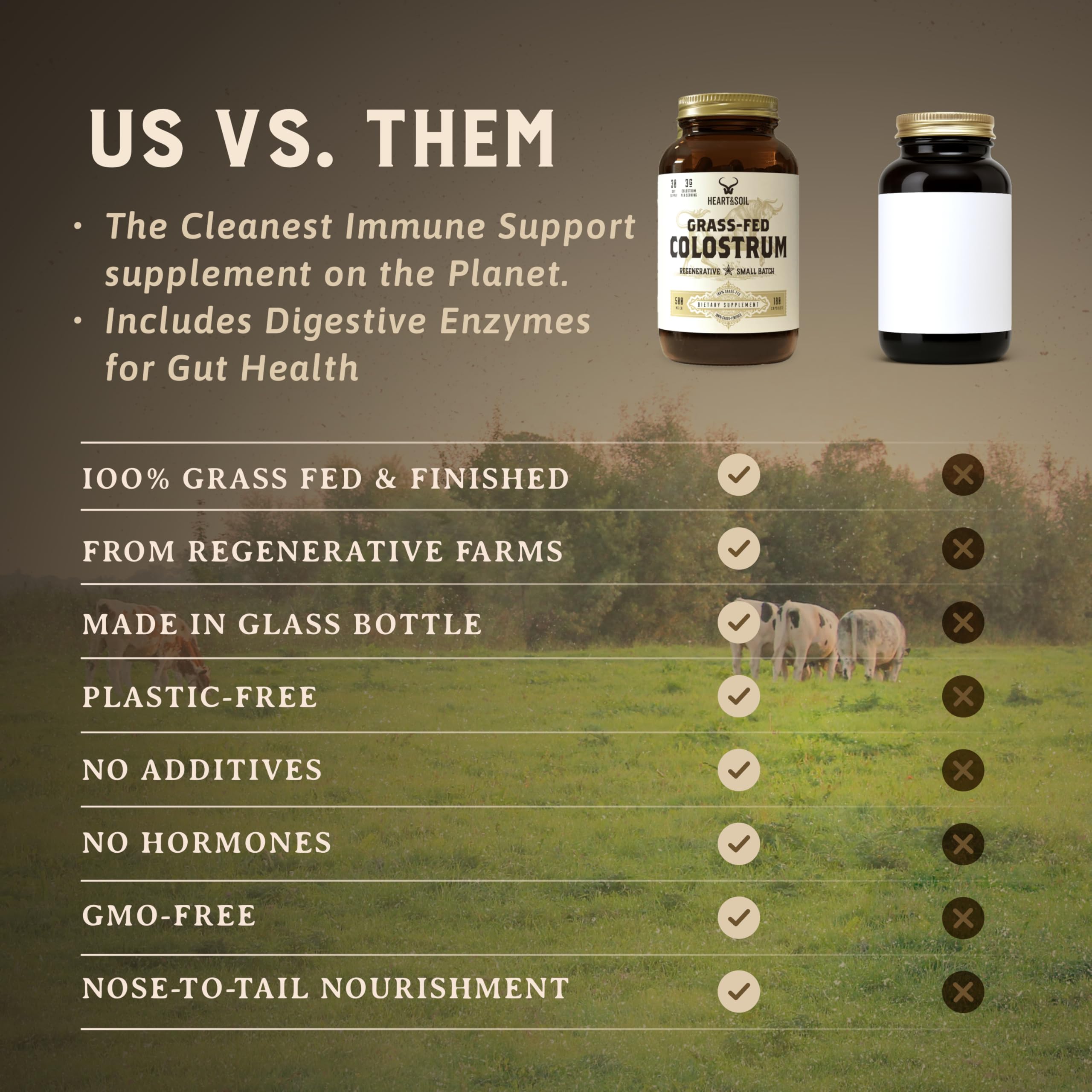 Heart & Soil non-gmo allergen-free badge signals clean supplement option.