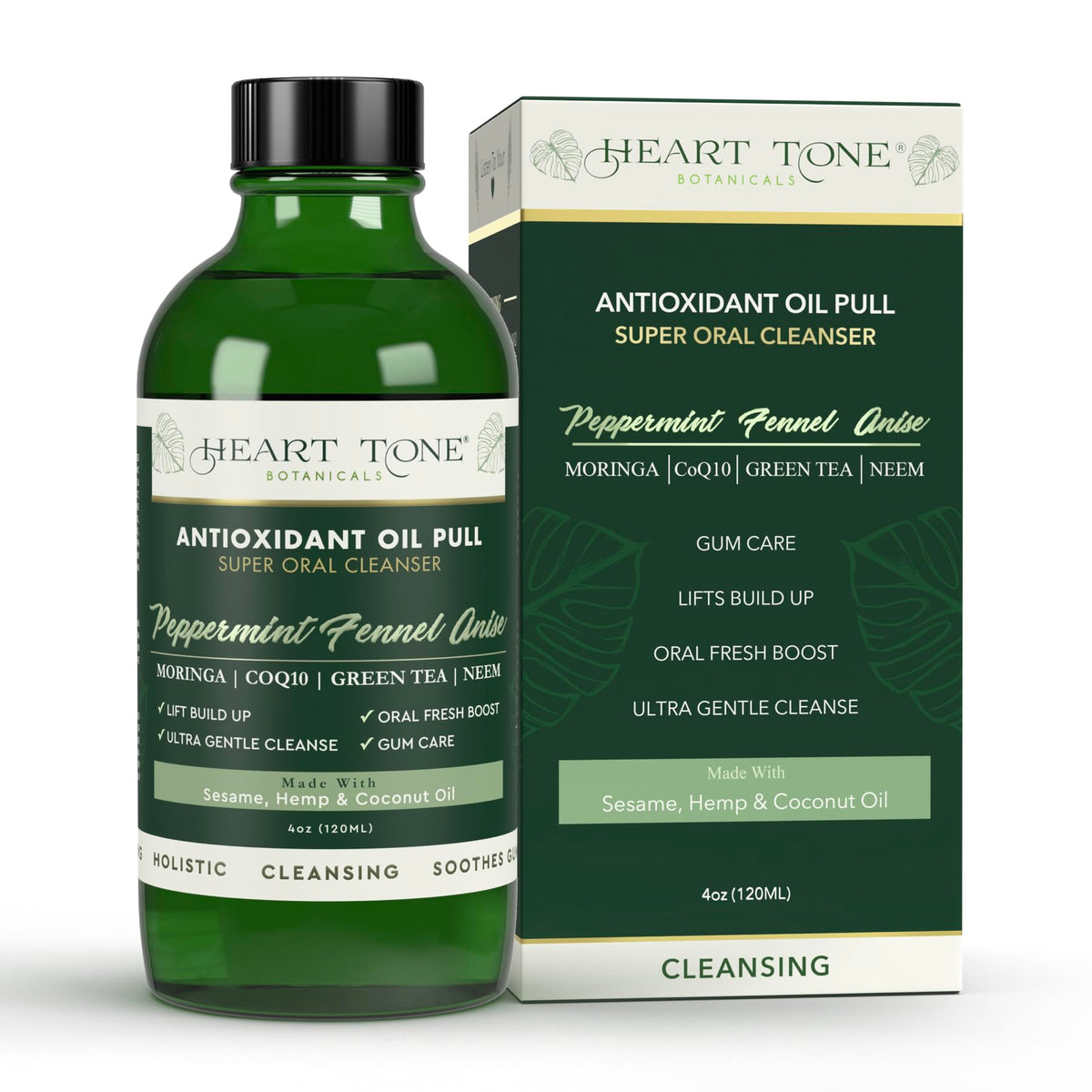 Heart Tone Botanicals antioxidant oil pulling bottle highlights a plant-based mouth care ritual for fresher breath.